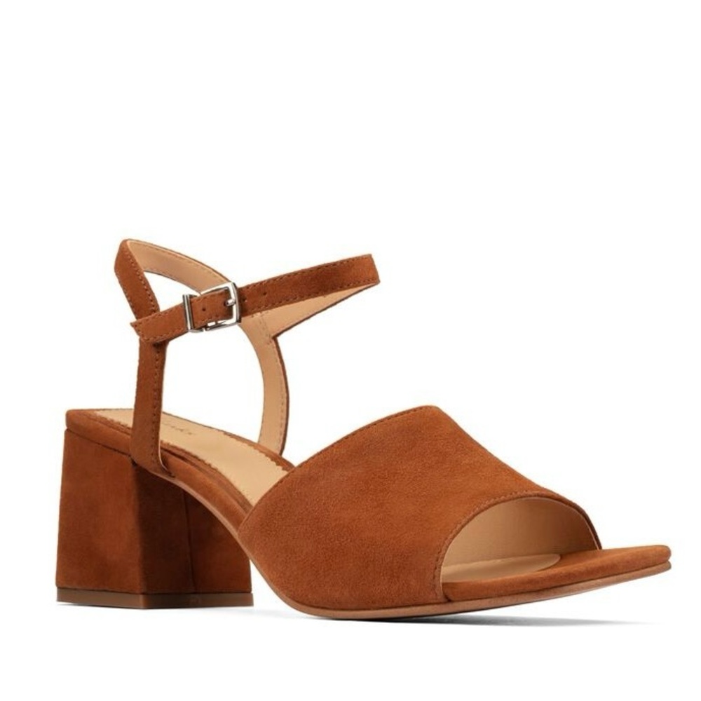 Clarks Sheer65 Block Heel Sandal in Tan Suede | US 6.5
